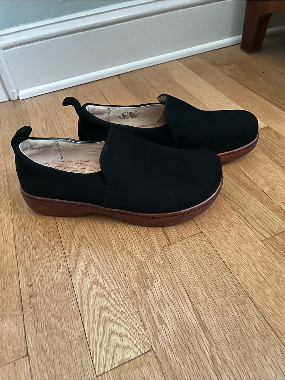 Alegria Black Suede Slip-On Mules with Brown Wood-Look Sole